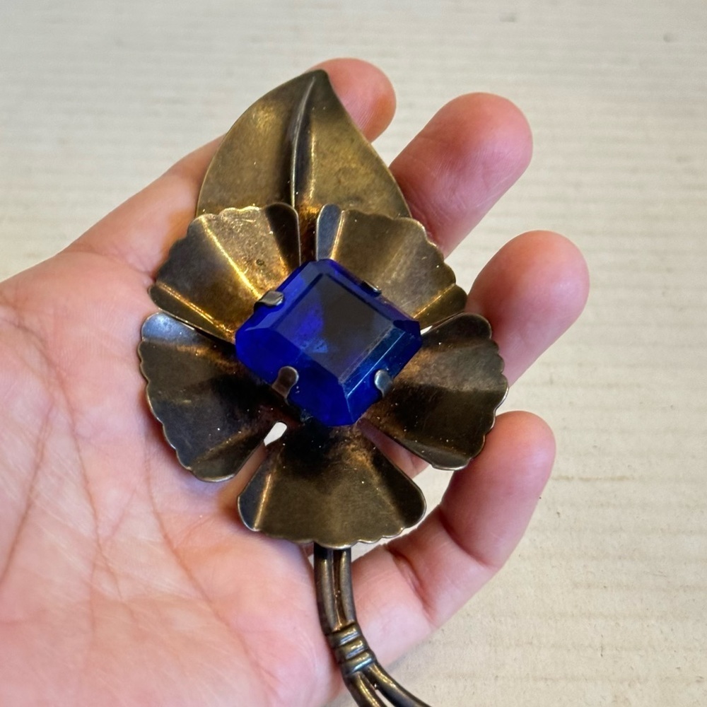 925 Sterling Silver Antique Brooch Flower Leaf Blue Glass Crystals Large Pin